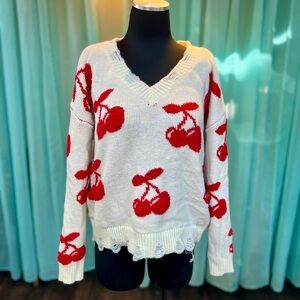 Cherry Patterned V-Neck Sweater
